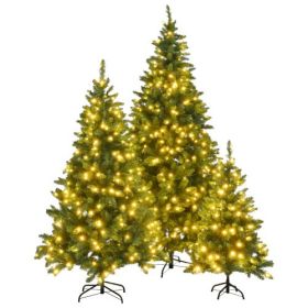 8FT, 6FT, 4FT Pre-Lit Green Pine Artificial Christmas Tree, Set Of 3 Hinged Xmas Trees With 820 Warm-Yellow LED Lights And 2539 Branch Tips, Holi (Color: Green)